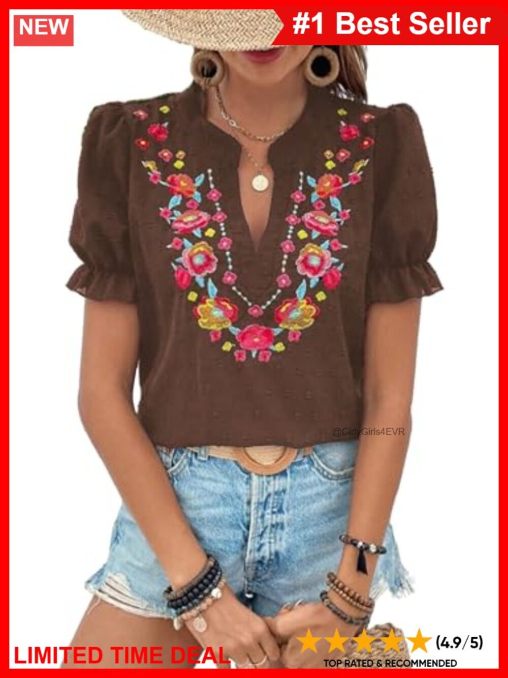 Women's Floral Embroidered V Neck Puff Sleeve Summer Blouse